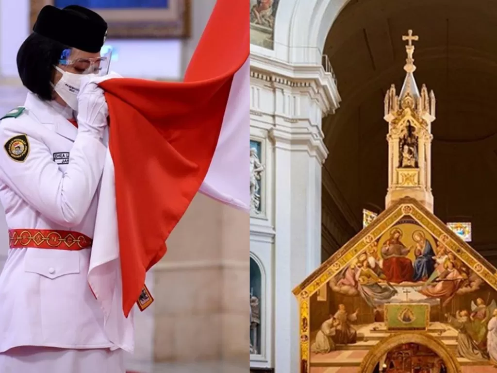 Bendera Merah Putih siap dikibarkan (kiri) & Gereja Vatikan (kanan). (Foto: Instagram)