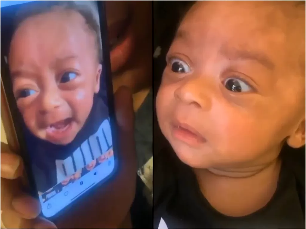 Bayi melongo melihat video dirinya menangis. (Instagram/@babies.buddies)
