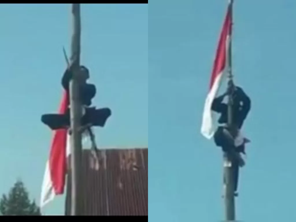 Seorang pria mengibarkan bendera dengan langsung memanjat ke pucuk tiang. (Istimewa)