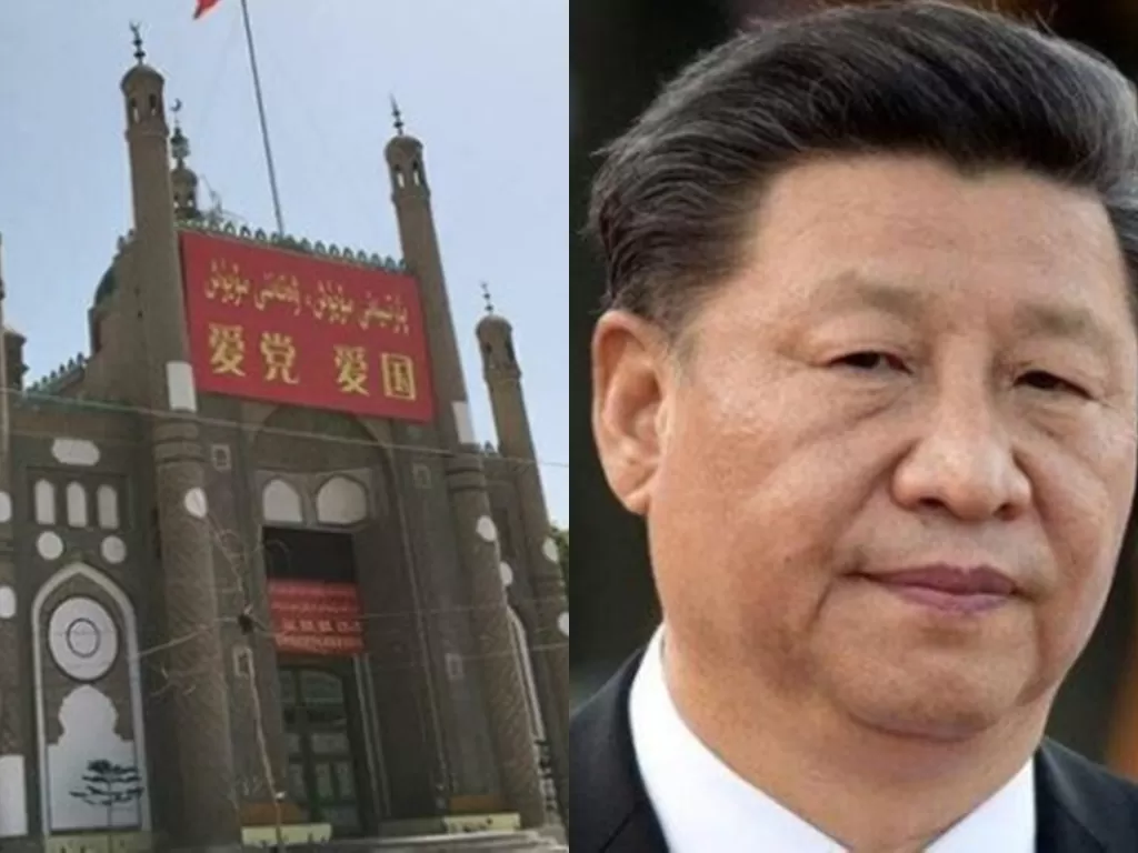 Masjid yang dirobohkan dan Presiden China Xi Jinping.