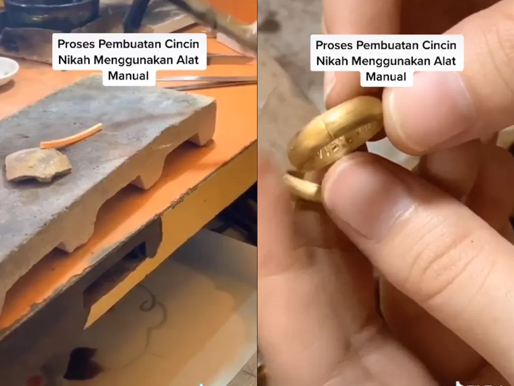 Potongan video seorang wanita yang bikin cincin pernikahan dengan alat manual (photo/TikTok/diksielawrence)