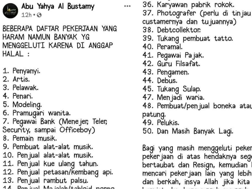 50 pekerjaan haram (Facebook/Abu Yahya Al Bustamy)