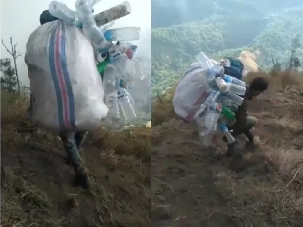 Potongan video pria yang membawa sampah sisa dari atas gunung. (photo/Instagram/Istimewa)