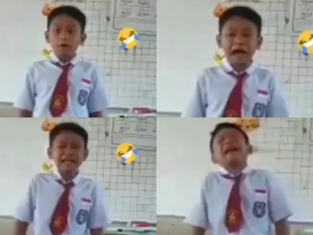 Cuplikan video bocah SD menangis sekaligus tertawa saat bernyanyi di depan teman-teman kelasnya.