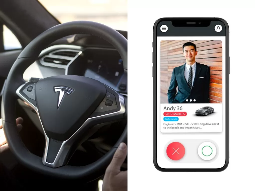 Kiri: Mobil Tesla, Kanan: Aplikasi Tesla Dating (photo/REUTERS/Beck Diefenbach/Tesladating.co)