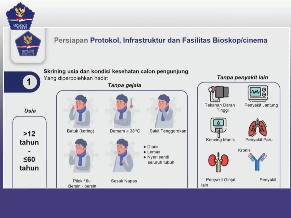 Satgas Covid-19 berikan protokol kesehatan untuk pembukaan bioskop kembali. (Youtube/BNPB Indonesia).