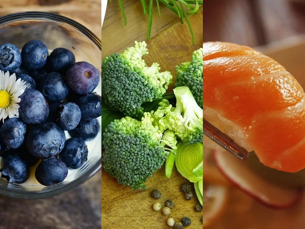 Blueberry, brokoli dan Salmon. (Pixabay/congerdesign/silviarita/Standpoint)