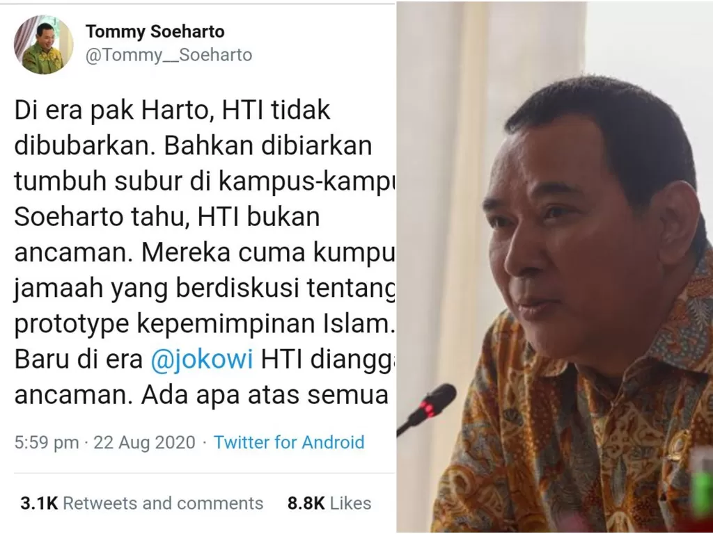 Cuitan akun Twitter @Tommy_Soeharto yang diduga palsu. (Istimewa)