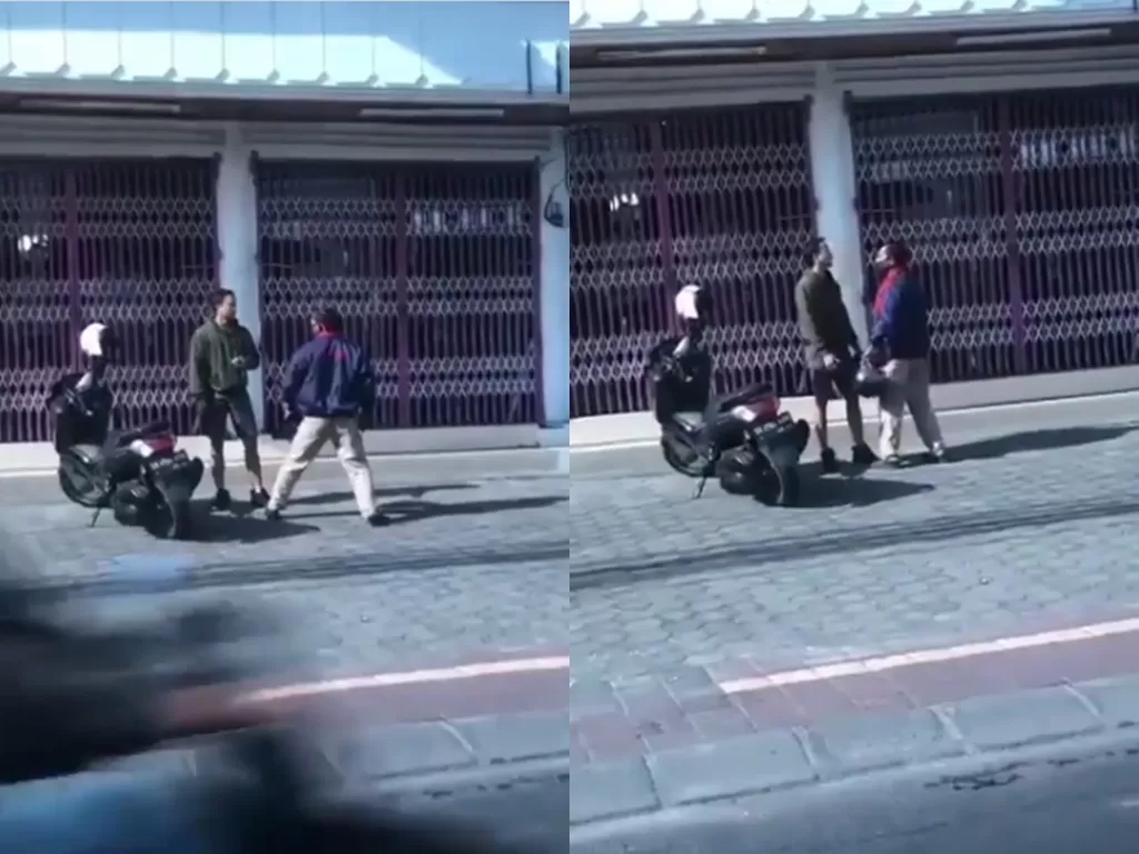 Potongan video pria nyaris baku hantam, karena diduga motor mereka saling tersenggol. (photo/Instagram/denpasar.viral)