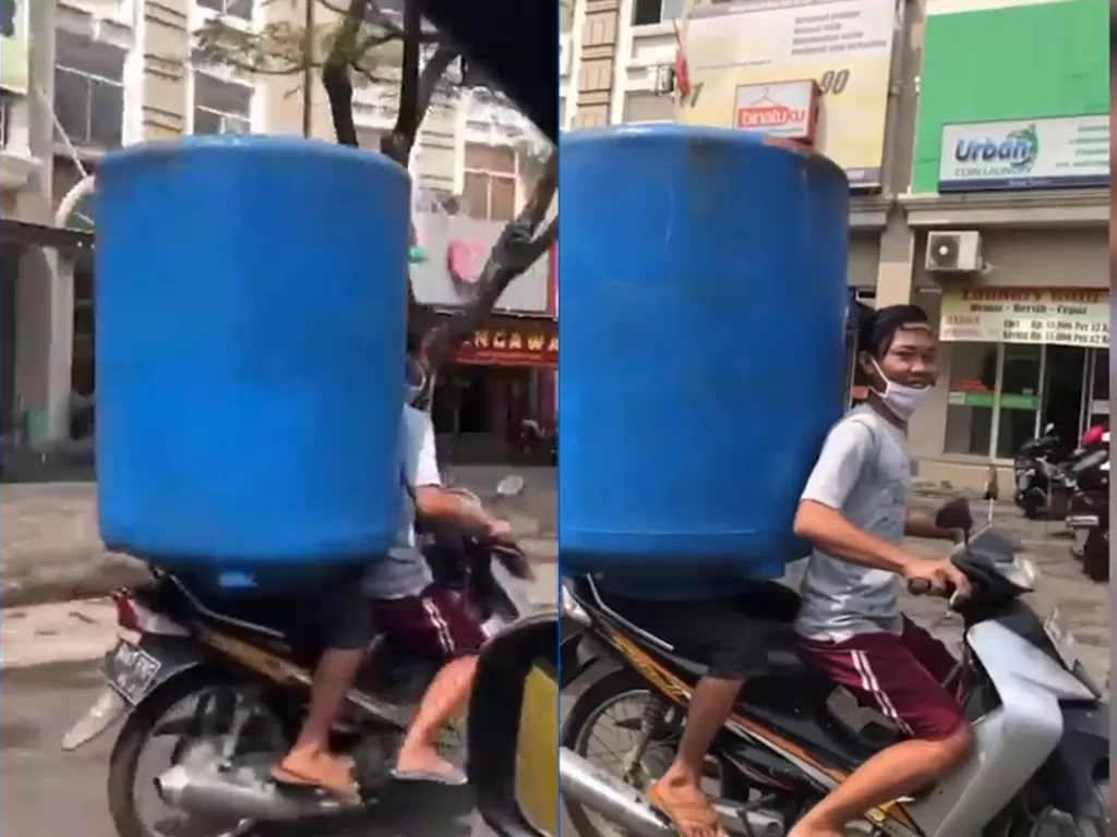 Potongan video anak muda yang bawa tanki air pakai sepeda motor. (photo/Istimewa)