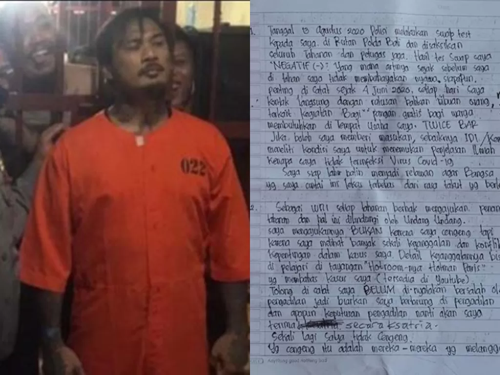 Jerinx saat di sel tahanan Polda Bali (istimewa) dan penggalan surat yang ditulisnya (Instagram @ncdpapl).