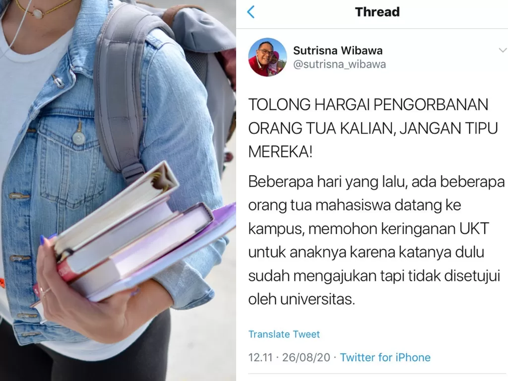 Ilustrasi (Unsplash) / Cuitan Sutrisna soal mahasiswa bohongi orangtunya. (Twitter/@sutrisna_wibawa)