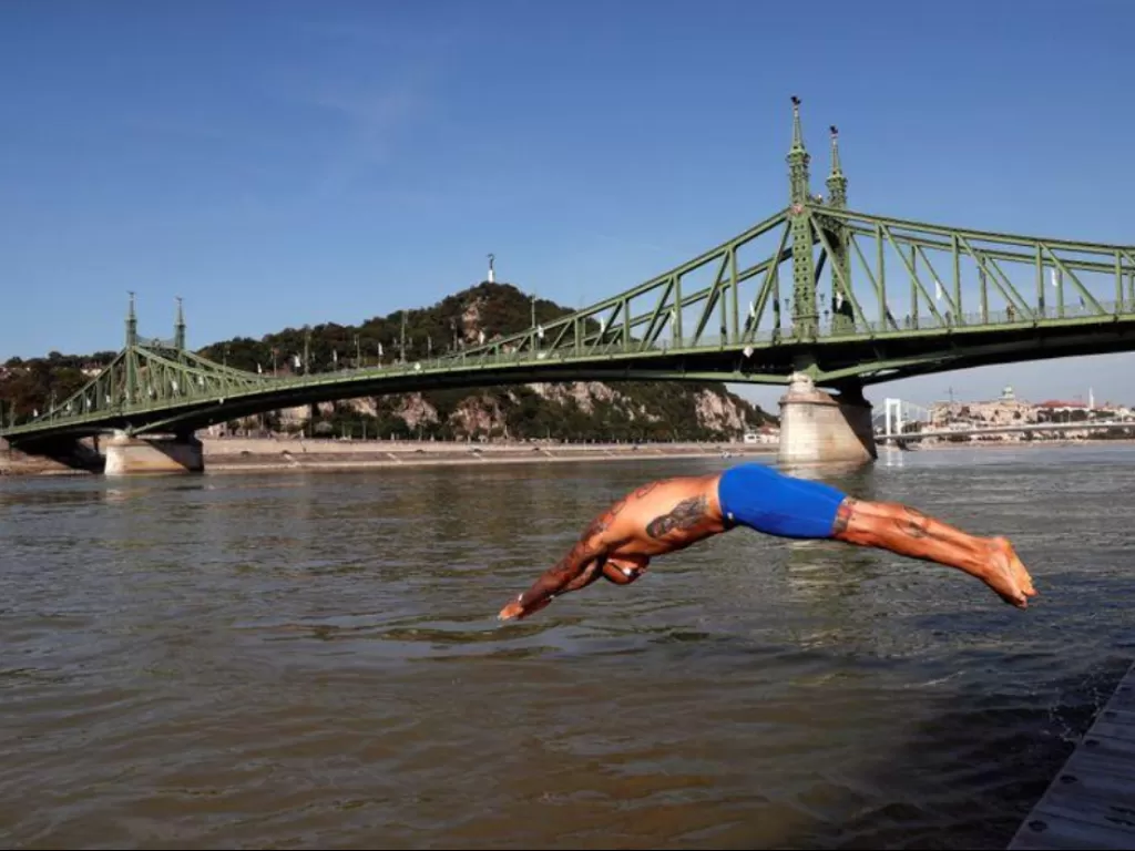 Perenang yang terjun bebas ke Sungai Danube, Budapest, Hungaria. (REUTERS/Bernadett Szabo)