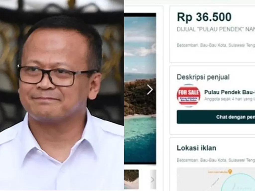 Menteri Kelautan dan Perikanan Edhy Prabowo (ANTARA) dan screenshot situs penjual Pulau Pendek di Buton.