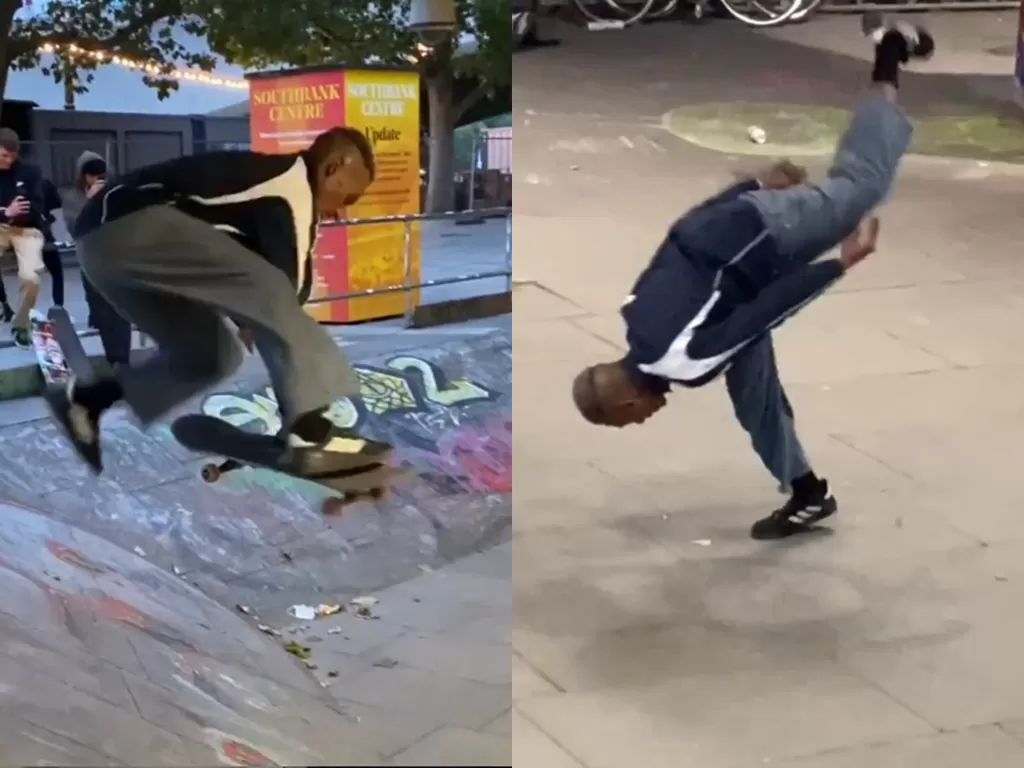 Potongan video seorang pria yang main skateboard terjatuh dengan gaya. (photo/Instagram/@vicexs)