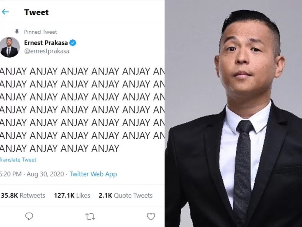 Ernest Prakasa tulis 'ANJAY' sampai 46 kali di Twitter. (Twitter)