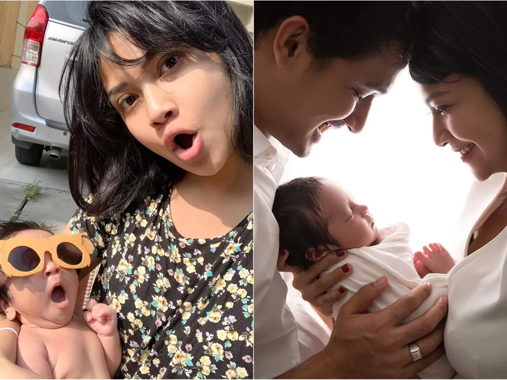 Kiri: Vanessa Angel dan anak. Kanan: Vanessa Angel, suami dan anaknya. (Instagram@vanessaangelofficial)