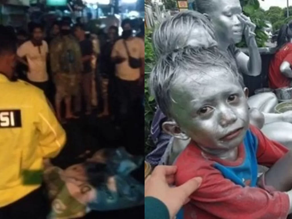 Kolase peristiwa kecelakaan bocah 'manusia silver' Jonathan Sigalingging di Medan (ANTARA) dan ilustrasi bocah yang meminta-minta dengan menjadi 'manusia silver' (Instagram @makassar_iinfo)