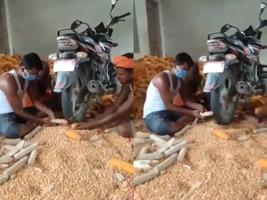 Pria yang gunakan ban sepeda motornya untuk mengupas biji jagung. (photo/Twitter/@anandmahindra)
