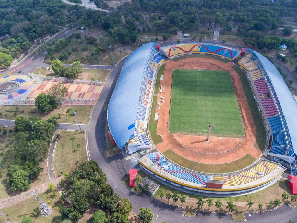 Foto udara stadion Gelora Sriwijaya Jakabaring (GSJ), Jakabaring Sport City (JSC), Palembang, Sumatera Selatan, Selasa (1/9/2020). ANTARA FOTO/Nova Wahyudi
