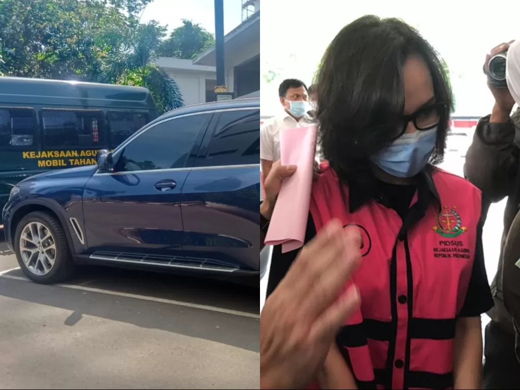 Ki-ka: Mobil BMW milik Jaksa Pinangki dan Jaksa Pinangki dengan rompi tahanan. (INDOZONE/Samsudhuha Wildansyah).