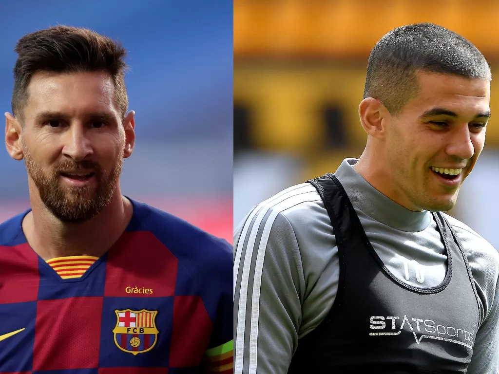 Lionel Messi (kanan), Conor Coady (kiri). (REUTERS/POOL/HANDOUT)