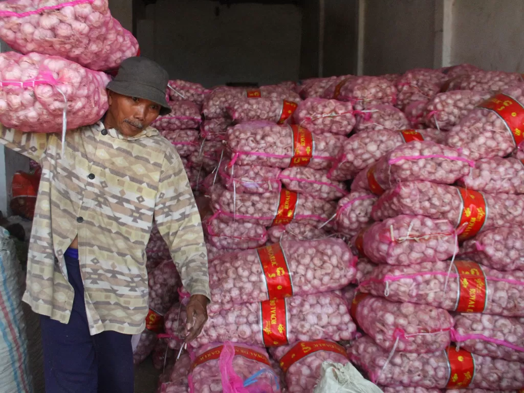 Buruh mengangkat pasokan bawang putih impor di gudang Pasar Induk Gadang, Malang, Jawa Timur, Senin (24/8/2020). (ANTARA FOTO/Ari Bowo Sucipto)