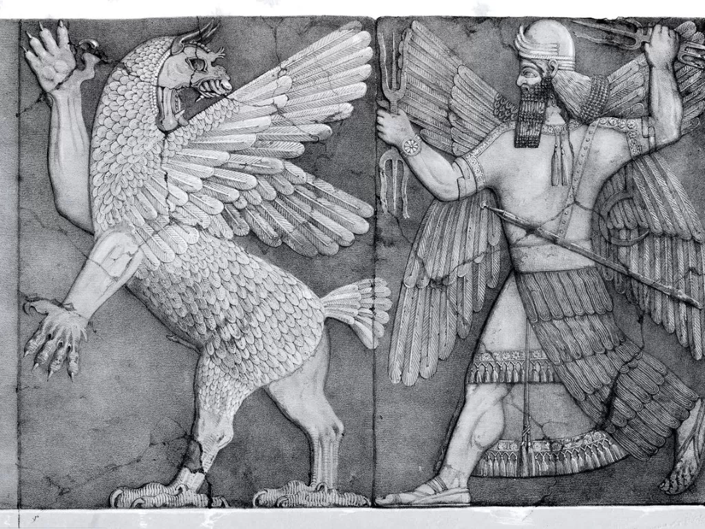 Ukiran dewa matahari Babilonia, Marduk yang mengejar Anzu setelah Anzu mencuri 'tablet of destiny'. (wikipedia)