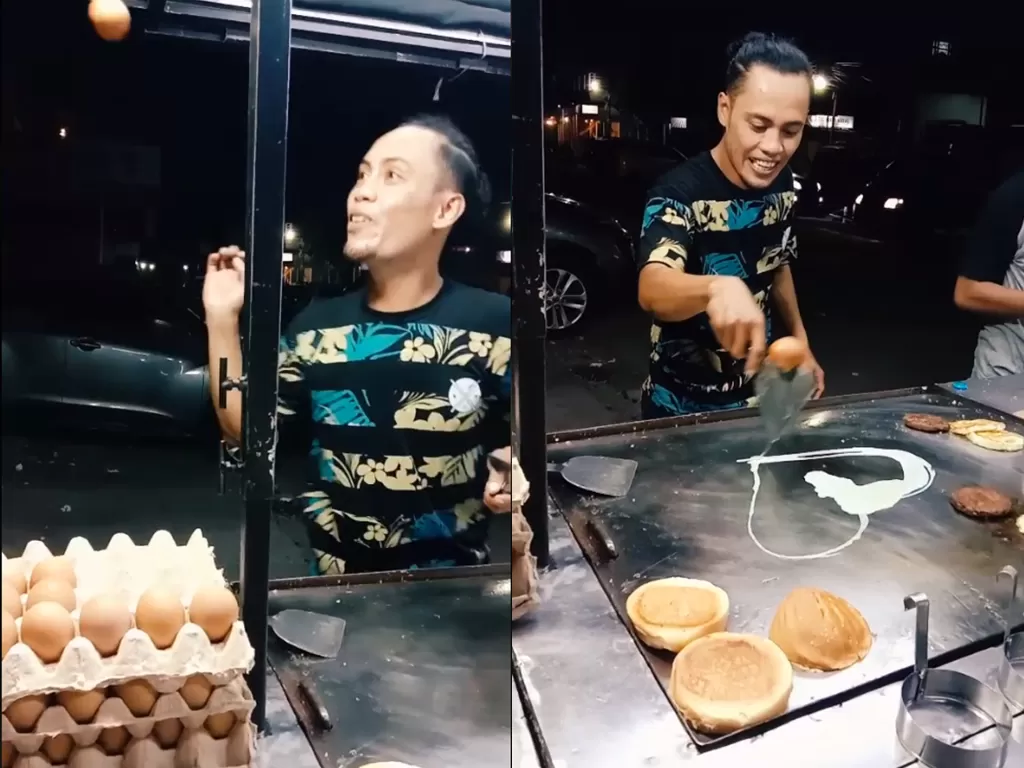 Potongan video seorang pria yang menjual burger sambil melakukan atraksi. (photo/TikTok/@irani_novia)