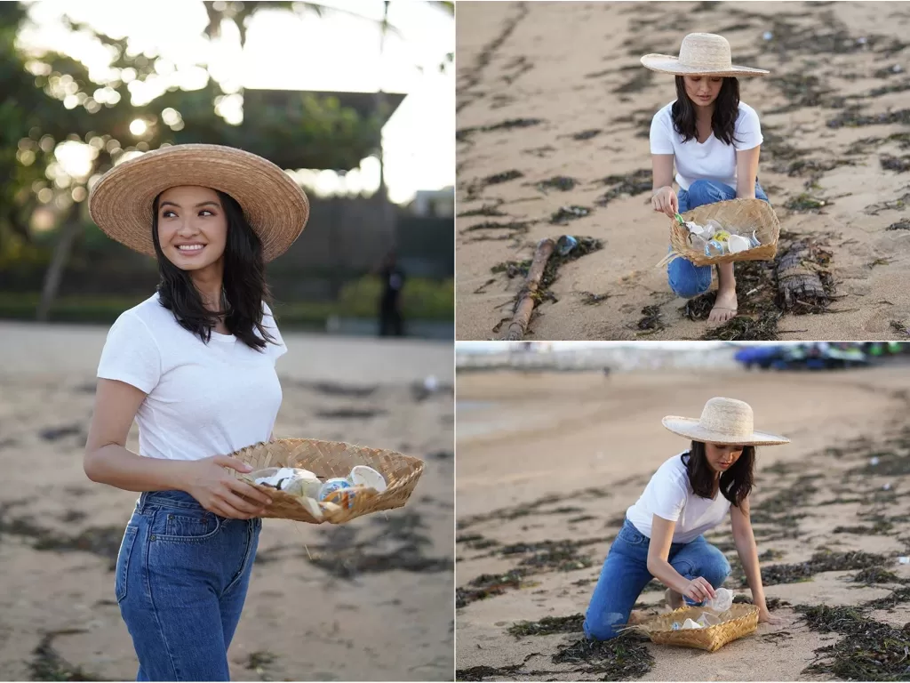 Raline Shah saat memunguti sampah di pantai. (Instagram/@ralineshah)