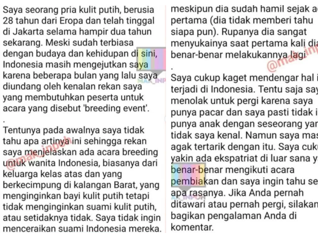 Pengakuan Ekspatriat diundang acara Membuahi Massal, isinya wanita Indonesia ingin punya anak blasteran tanpa ikatan pernikahan. (Instagram/@mak_inpoh)