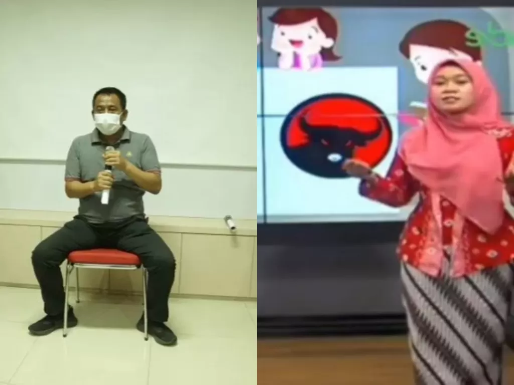 Kepala Dinas Pendidikan Kota Surabaya Supomo (kiri) (ANTARA) dan tangkapan layar insiden logo partai di lambang Pancasila (kanan) (Twitter/@chandra_ds)