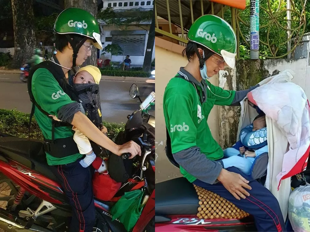 Pria yang berprofesi driver ojek online yang membawa anaknya saat bekerja di vietnam. (photo/istimewa)