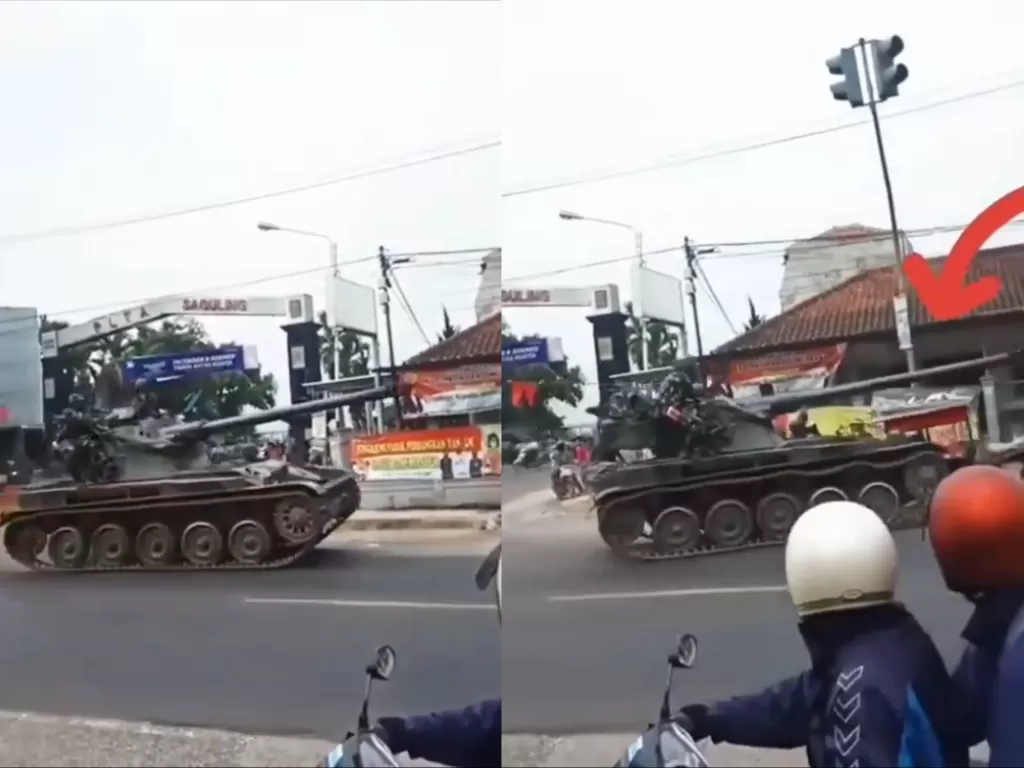 Tangkapan layar tank TNI tabrak gerobak dan sepeda motor. (Instagram/bandung.banget)