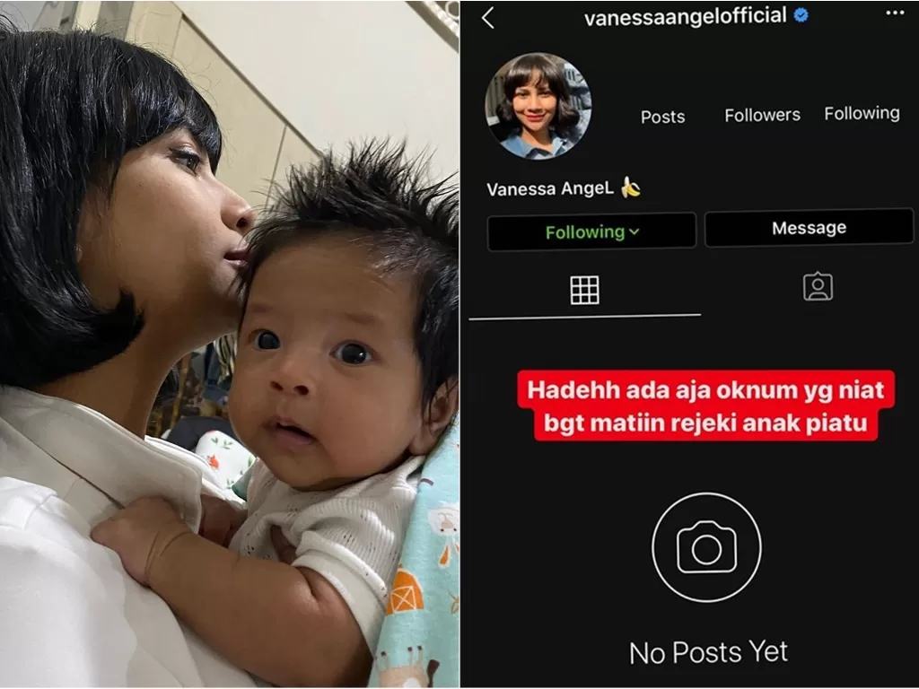 Kiri: Vanessa Angel dan anaknya. Kanan: Akun Instagram Vanessa Angel hilang. (Instagram/@bibliss)