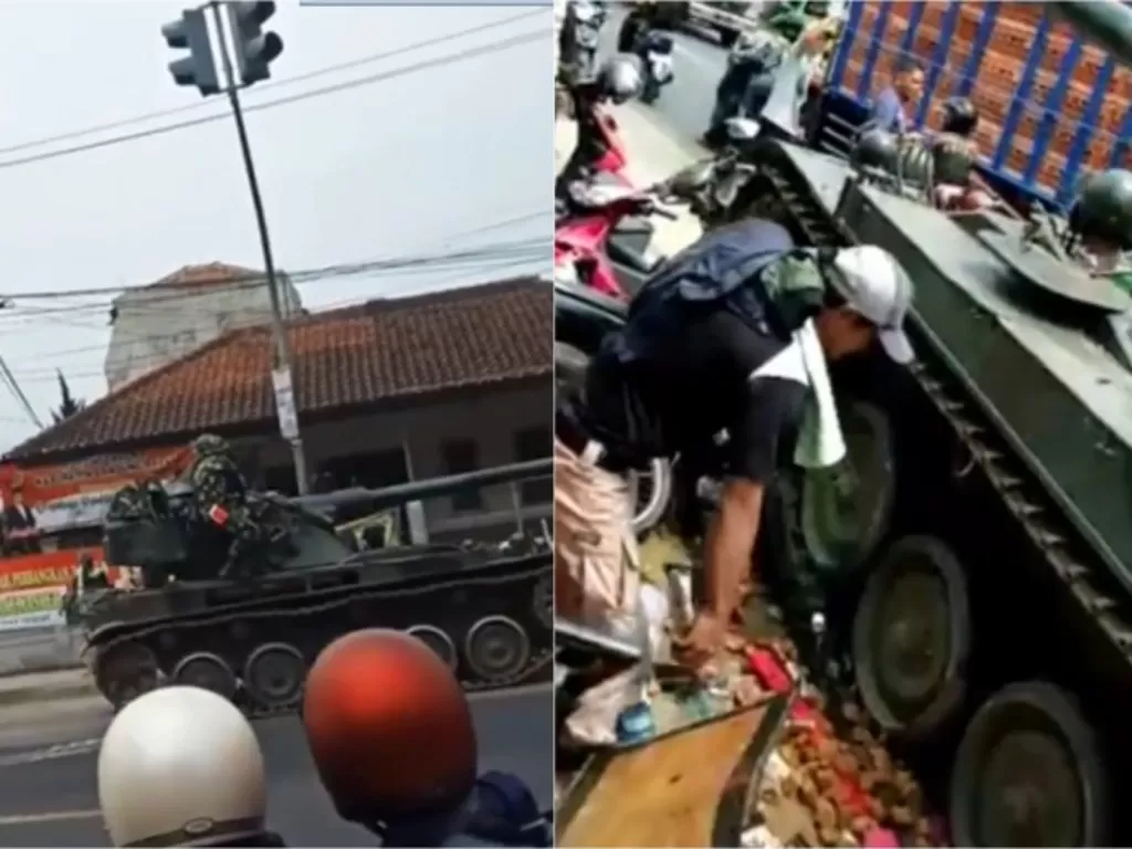 Tank TNI tabrak gerobak tahu dan motor warga (Istimewa)