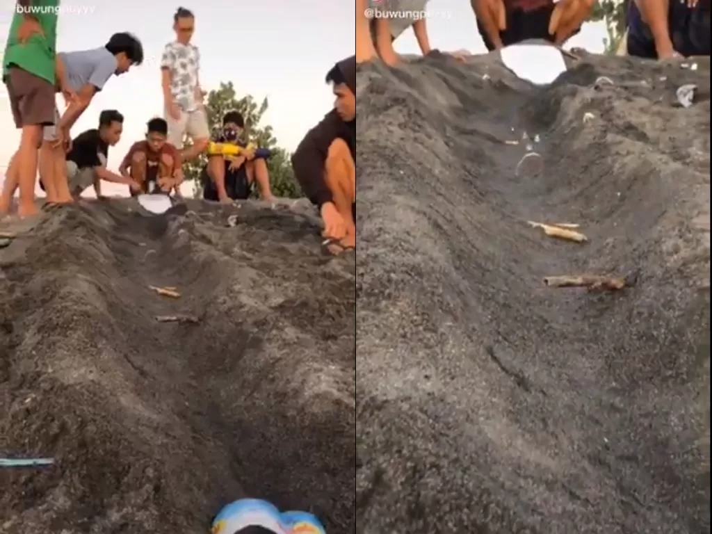 Cuplikan video saat sekelompok remaja main balapan kelereng di pantai. (photo/TikTok/@buwungpuyyy)