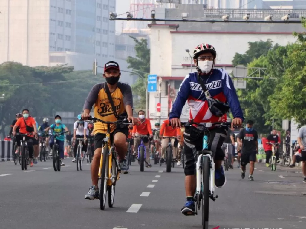 Suasana Kawasan Khusus Pesepeda di Jalan Gadjah Mada, Jakarta Pusat, Ahad (9/8/2020). (ANTARA/HO/Sudin Kominfotik Jakarta Pusat)