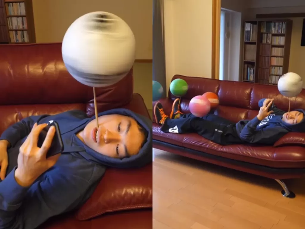 Potongan video pria yang memutar bola sekaligus di sofa. (photo/Instagram/@ryutricks)