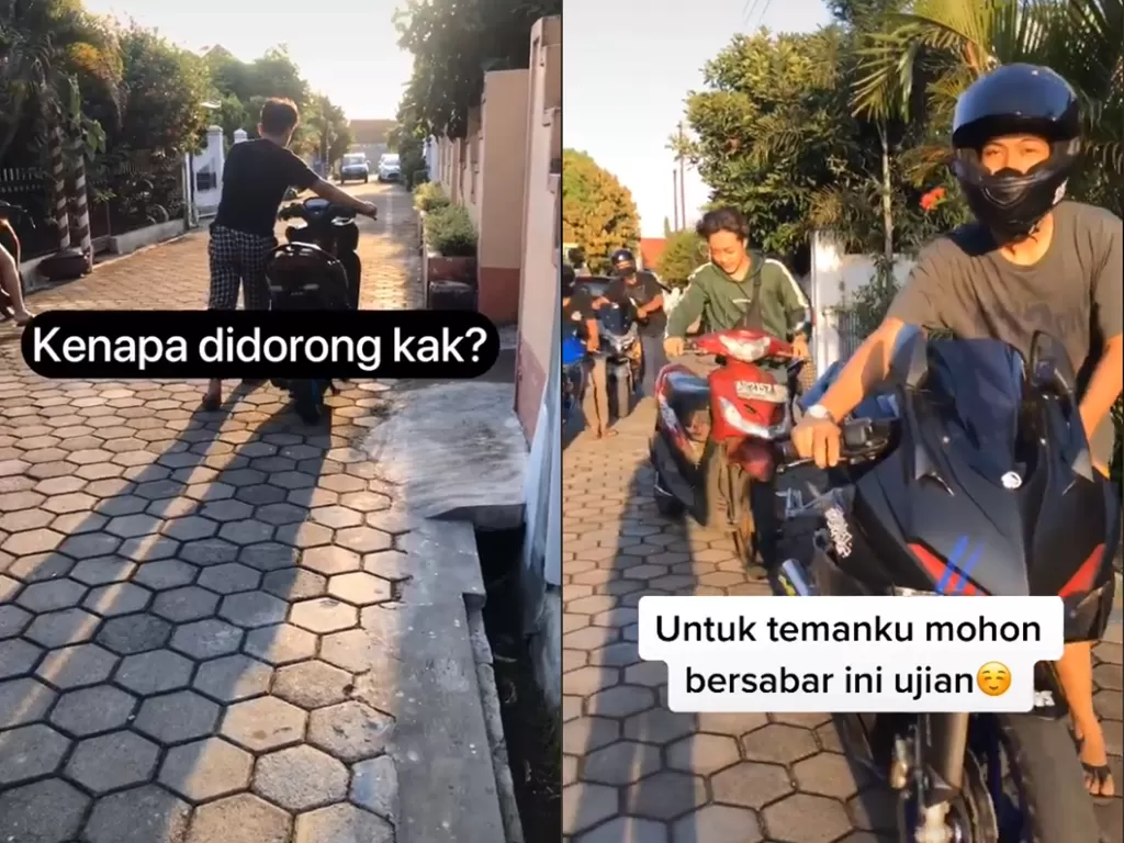 Cuplikan video saat sekelompok anak muda yang tuntun motornya di gang kecil. (photo/TikTok/@aburizal66)