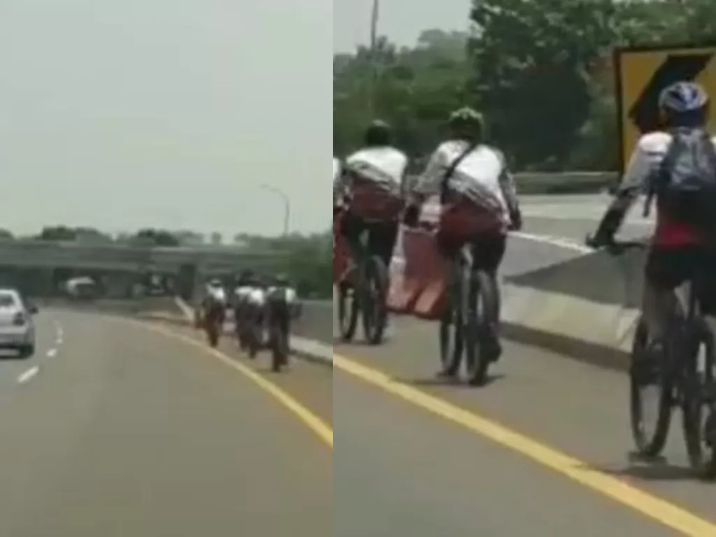 Cuplikan video sekelompok pesepeda masuk jalan tol. (Instagram @m.sabilul_alif)