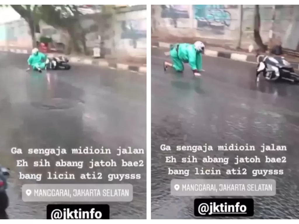 Pengendara motor terjatuh saat hujan. (Instagram/@jktinfo)