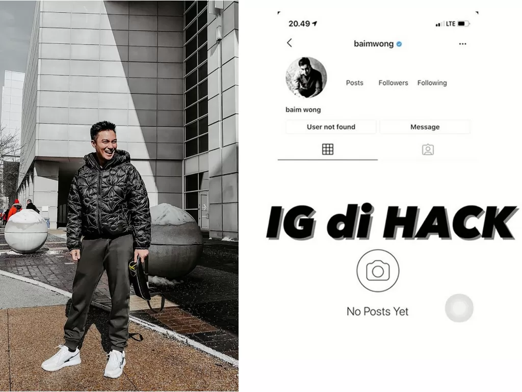 Kiri: Baim Wong. Kanan; Tampilan IG Baim Wong yang di hack. (Instagram/@paula_verhoeven)