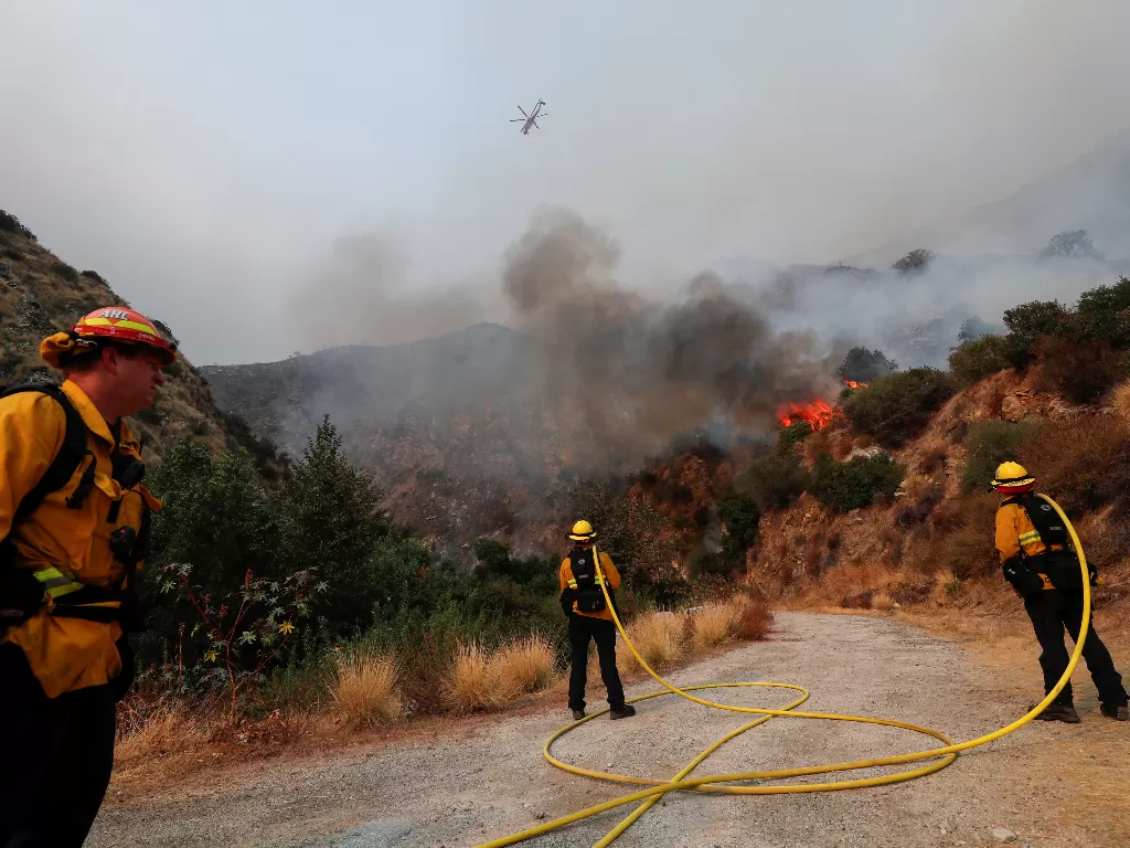 Petugas pemadam kebakaran bekerja untuk memadamkan Bobcat Fire setelah evakuasi diperintahkan untuk penduduk Arcadia, di California, AS (REUTERS/Mario Anzuoni)