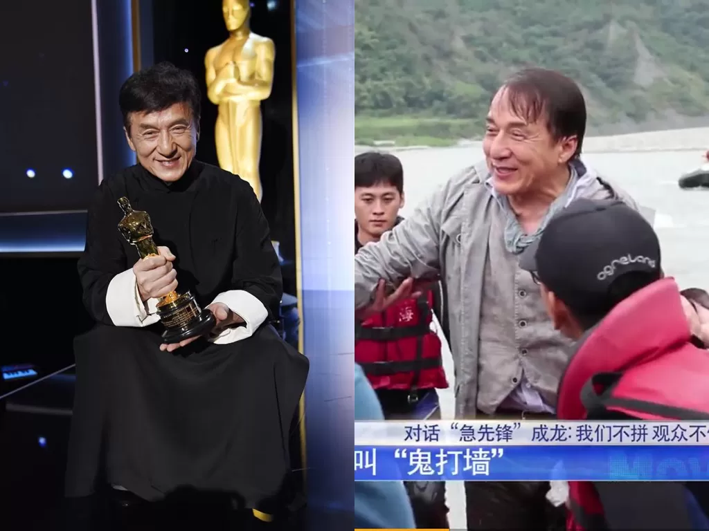 Kiri: Jackie Chan. (photo/dok.jackiechan.com) Kanan: Jackie Chan saat syuting film terbarunya, Vanguard. (photoTodayOnline/Weibo)