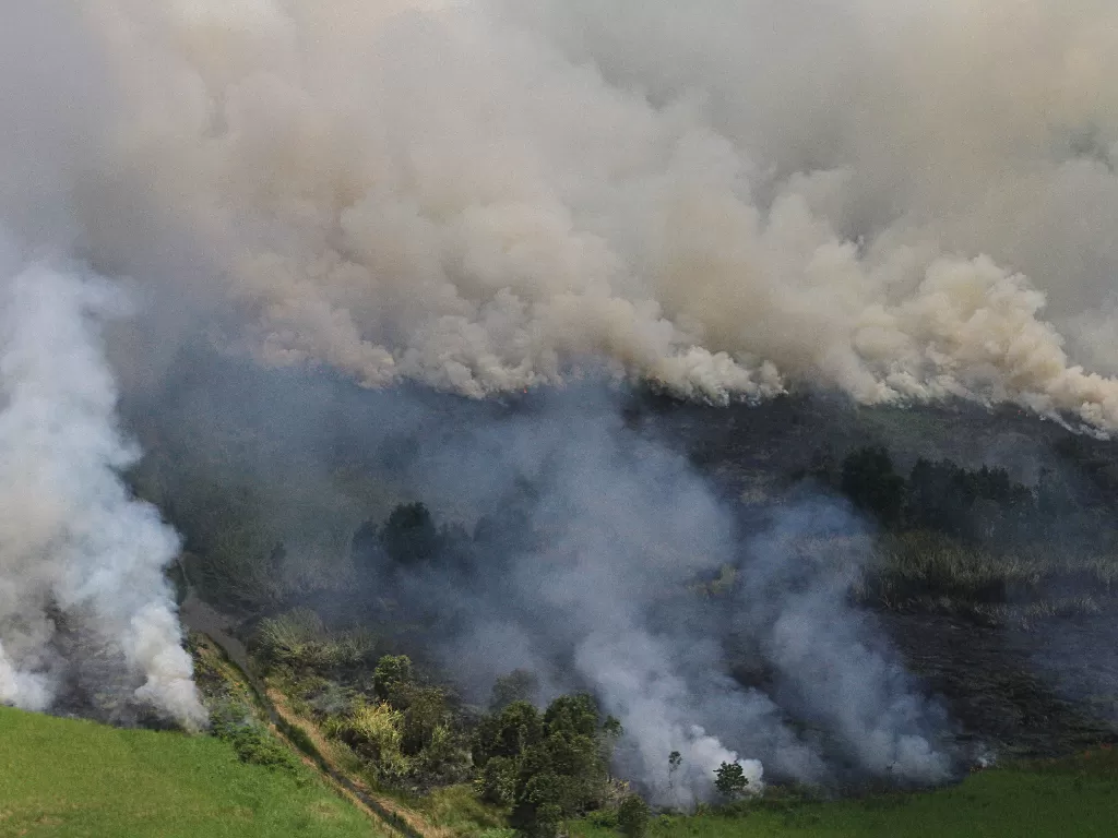 Foto udara kebakaran hutan dan lahan di Kabupaten Tapin, Kalimantan Selatan, Selasa (5/9/2020). ANTARA FOTO/Bayu Pratama S