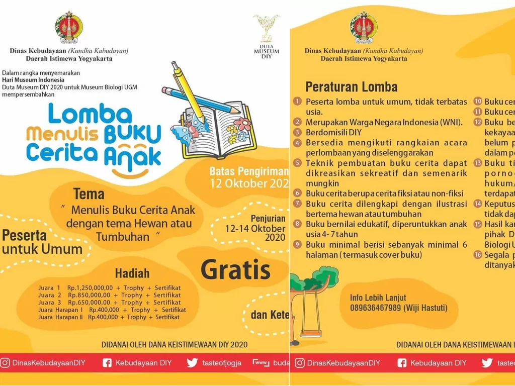 Lomba Menulis Buku Cerita Anak' yang diadakan oleh Dinas Kebudayaan Daerah Istimewa Yogyakarta (DIY). (Instagram)