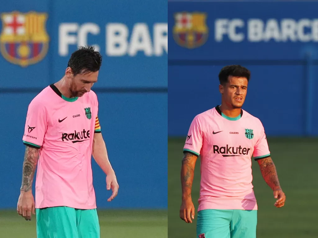 Lionel Messi (kanan), Philippe Coutinho (kiri). (REUTERS/ALBERT GEA)