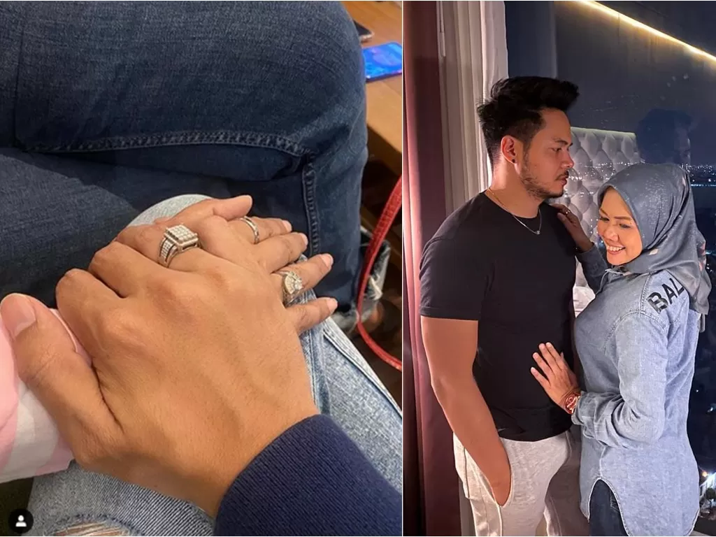 Kiri: Elly pakai cincin bareng kekasih. Kanan: Elly dan kekasihnya. (Instagram/@ellysugigi_real_)