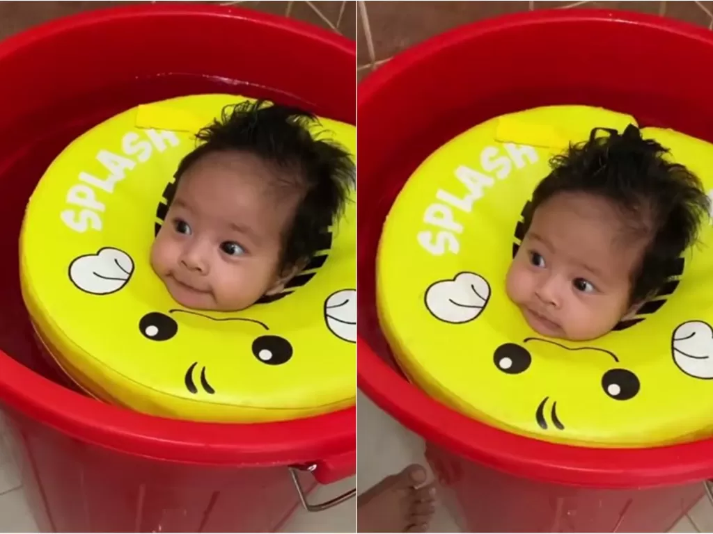 Anak Vanessa Angel dan Bibi Ardiansyah saat berenang di ember. (Instagram/@bibliss)